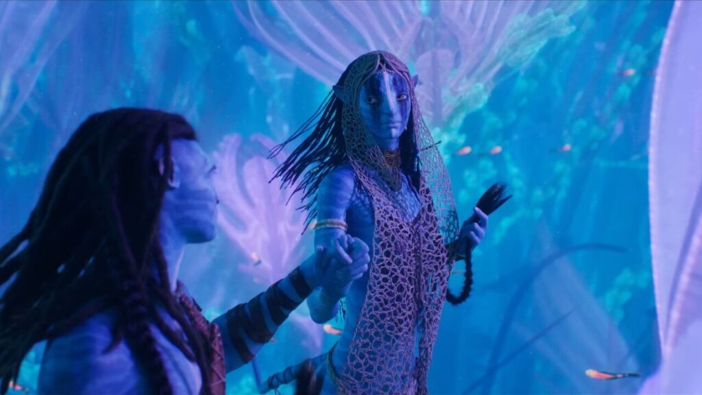 Zoe Saldaña and Sam Worthington as Neytiri and Jake in a funeral scene from Avatar: The Way of Water. - The Latino Slant