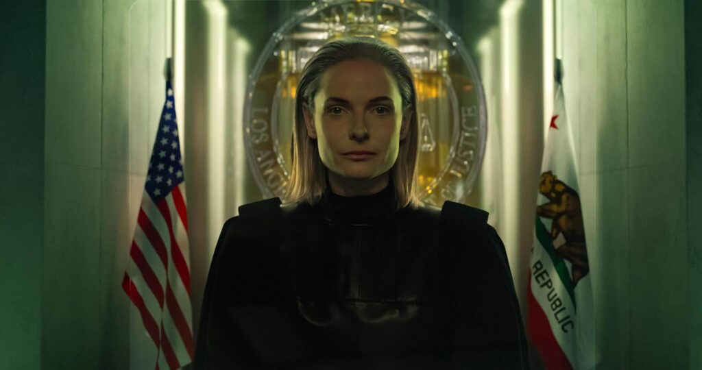 Rebecca Ferguson as the AI judge named Maddox in "Mercy." - The Latino Slant