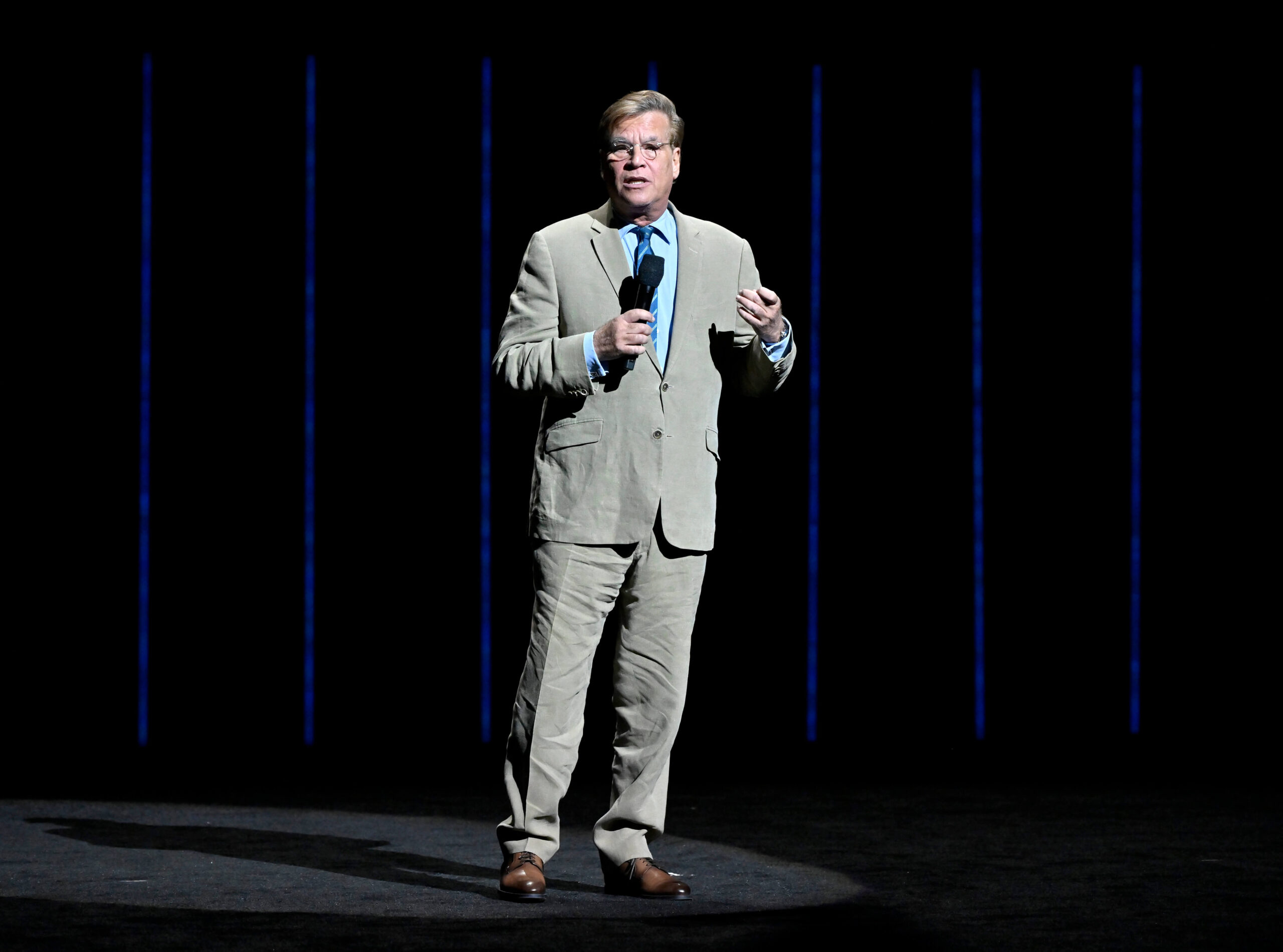 Aaron Sorkin onstage at CinemaCon 2026 to discuss "The Social Reckoning," a companion film to "The Social Network." - The Latino Slant