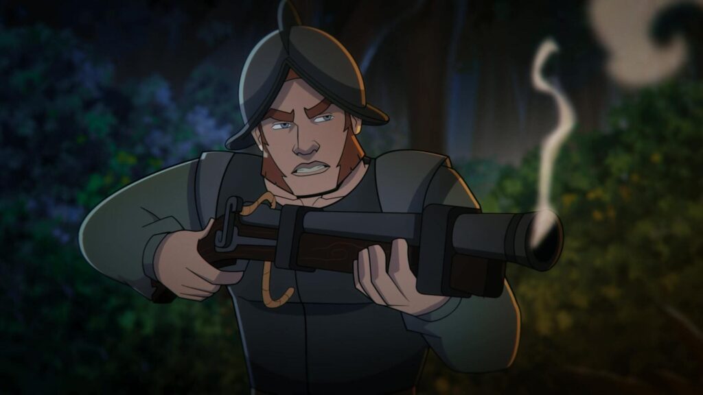 A Spanish conquistador raises his musket in the jungle shadows in "Aztec Batman: Clash of Empires." - The Latino Slant