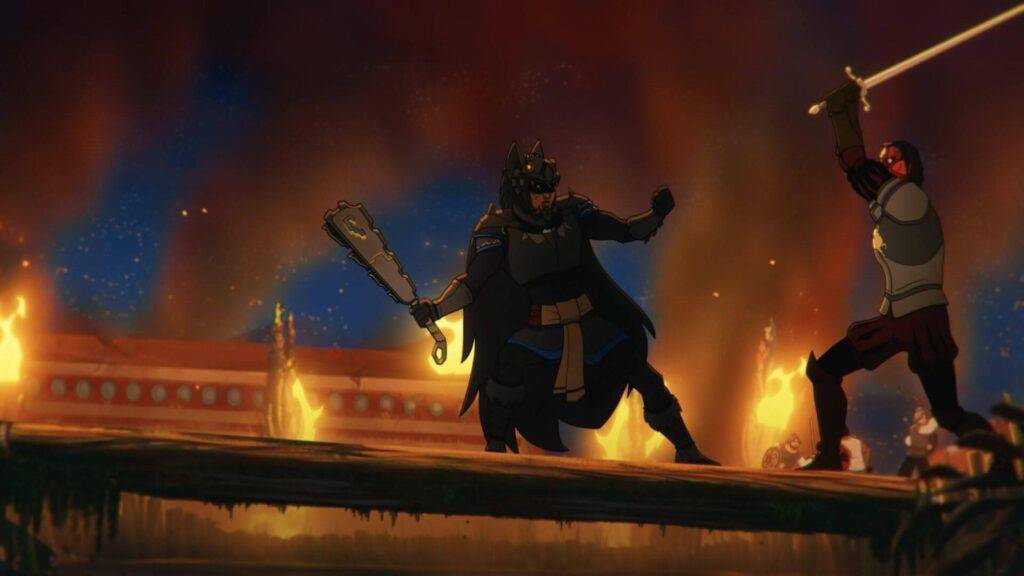 Yohualli (Horacio García Rojas) clashes with a sword-wielding soldier atop a burning temple in "Aztec Batman: Clash of Empires." - The Latino Slant