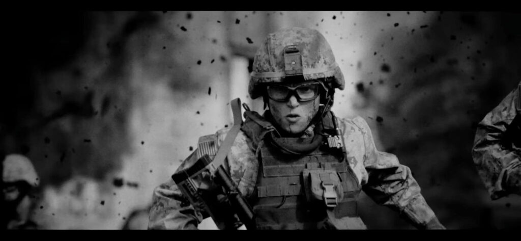 A black-and-white flashback to Celeste's time at war in "Onslaught." - The Latino Slant