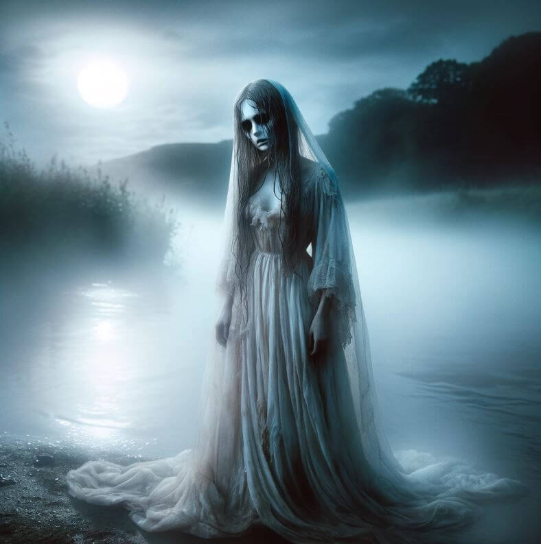 La Llorona wanders a misty riverbank in search of her children. - The Latino Slant