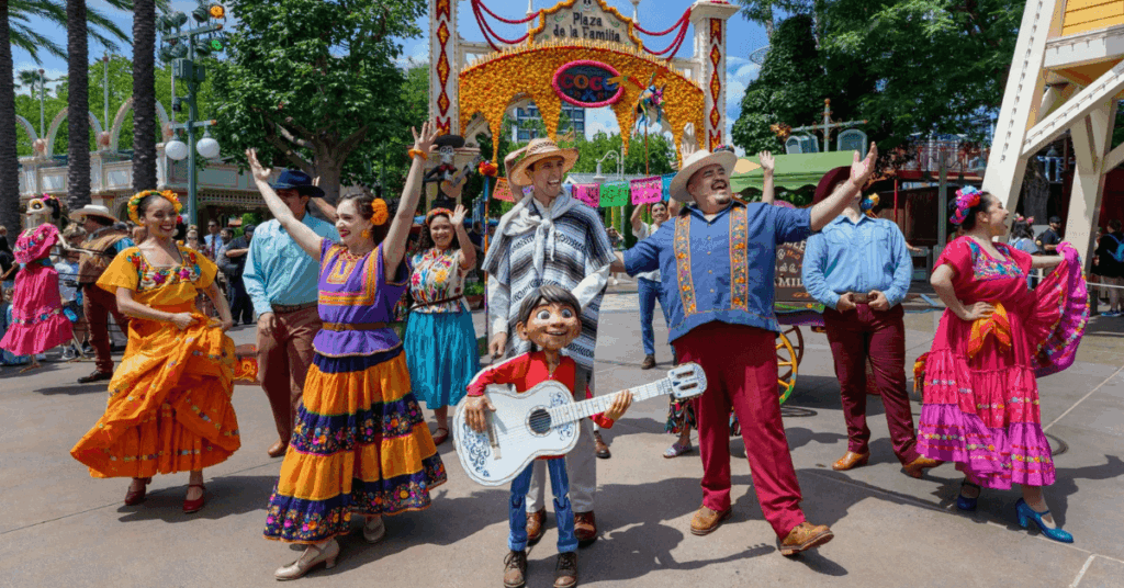 Folklórico dancers and performers celebrate with Miguel at Plaza de la Familia in Disney California Adventure. - The Latino Slant
