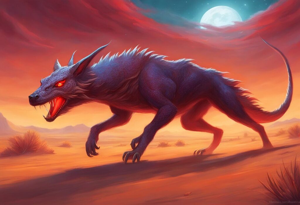 El Chupacabra stalks across a moonlit desert. - The Latino Slant