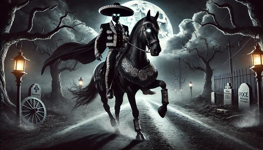 El Charro Negro rides his black horse past a graveyard at night. - The Latino Slant