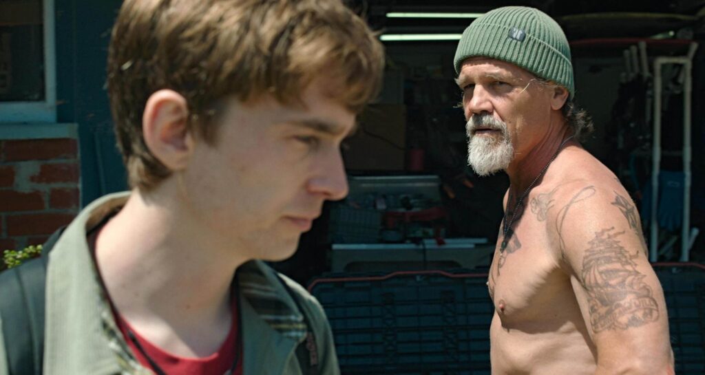 Austin Abrams and Josh Brolin as father and son in "Whalefall." - The Latino Slant