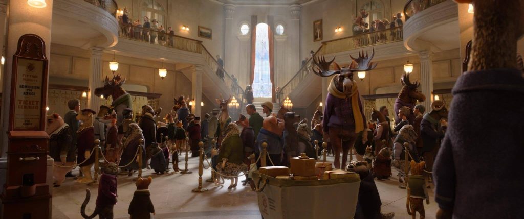 A crowd of animals fills a grand mansion hall in “Wildwood.” - The Latino Slant
